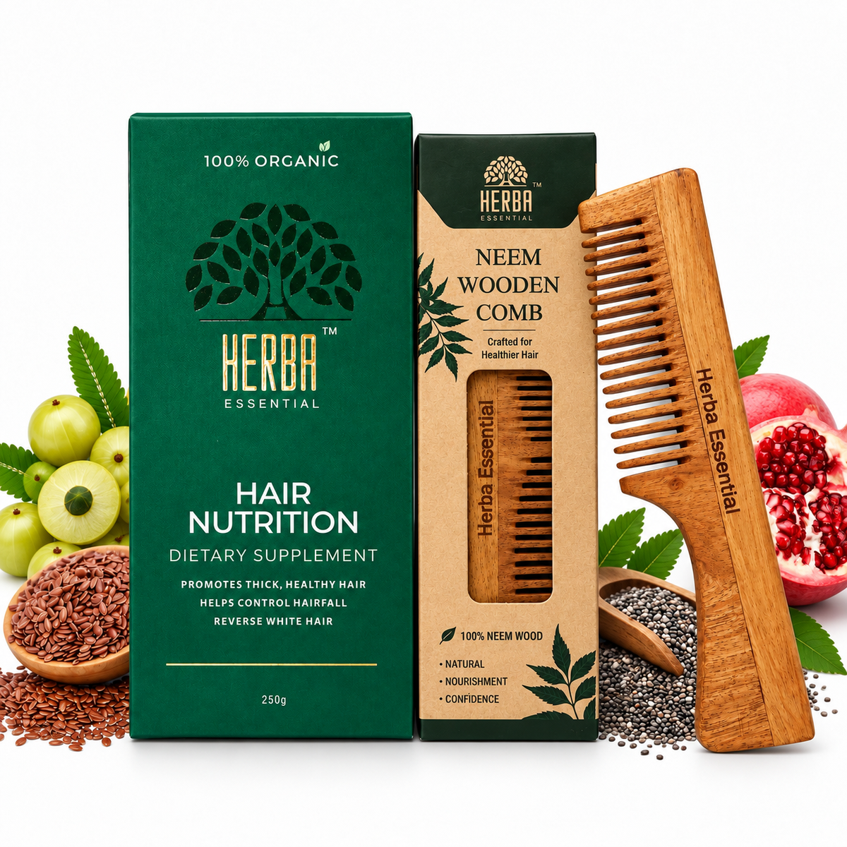 Hair Growth Combo, Hair Nutrition Supplement100% Organic + Kacchi Neem Comb.