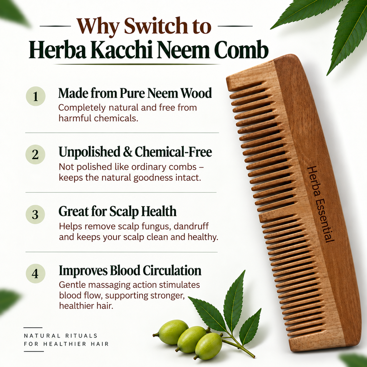 Kacchi Neem Comb, Natural Neem Wood Hair Comb, 1 Piece,Wide-tooth design for easy hair grooming