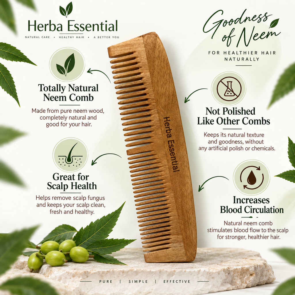 Kacchi Neem Comb, Natural Neem Wood Hair Comb, 1 Piece,Wide-tooth design for easy hair grooming