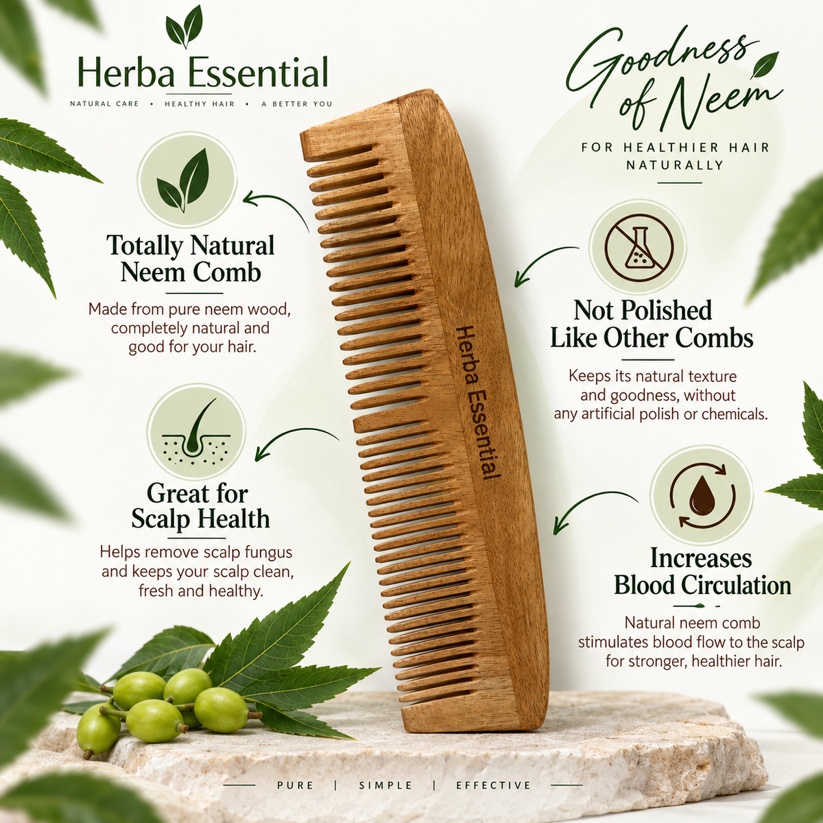 Kacchi Neem Comb, Natural Neem Wood Hair Comb, 1 Piece,Wide-tooth design for easy hair grooming