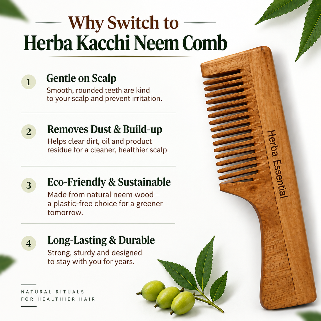 Kacchi Neem Comb, Natural Neem Wood Hair Comb, 1 Piece,Wide-tooth design for easy hair grooming