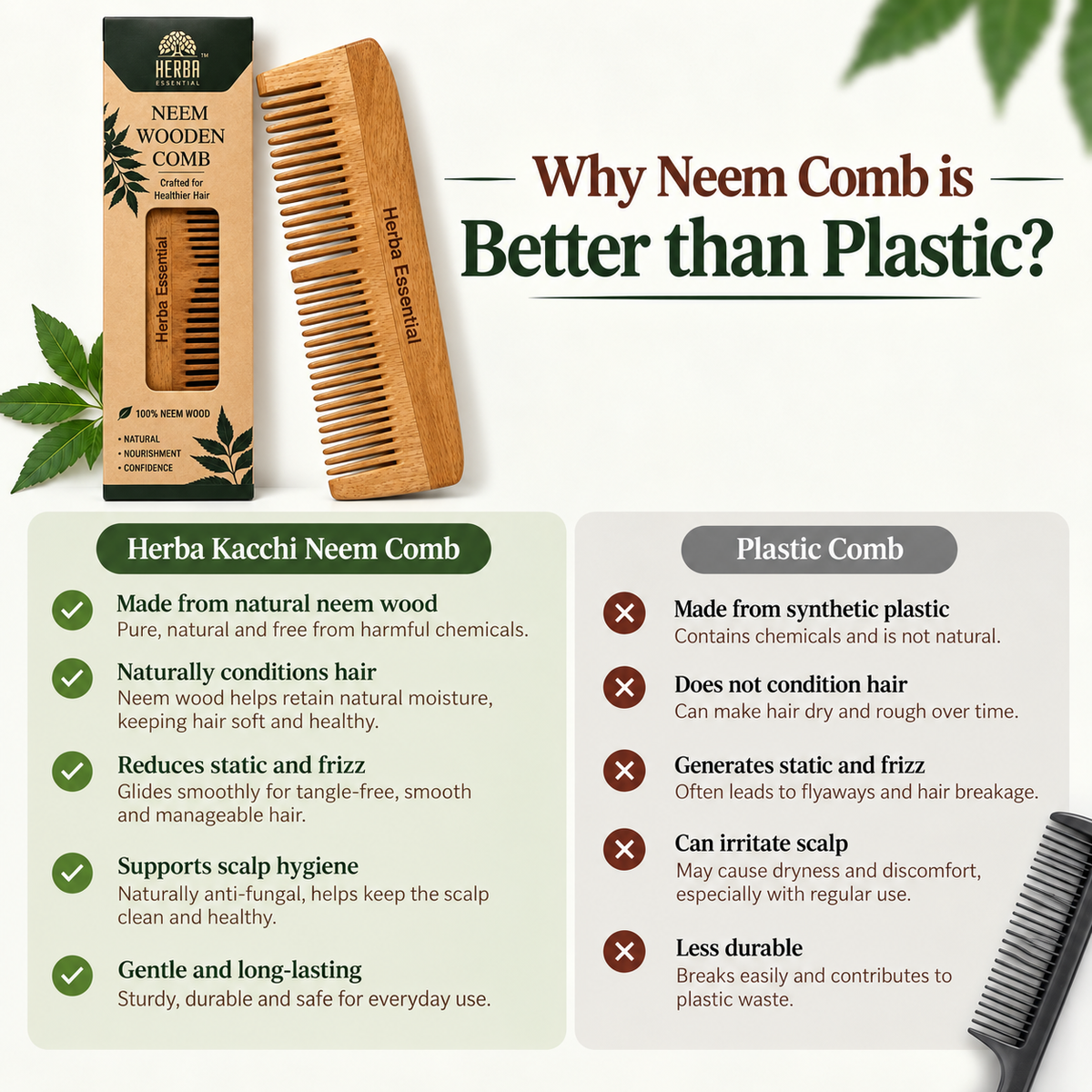 Kacchi Neem Comb, Natural Neem Wood Hair Comb, 1 Piece,Wide-tooth design for easy hair grooming