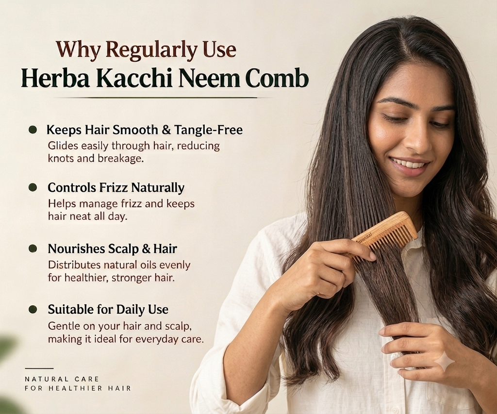 Kacchi Neem Comb, Natural Neem Wood Hair Comb, 1 Piece,Wide-tooth design for easy hair grooming